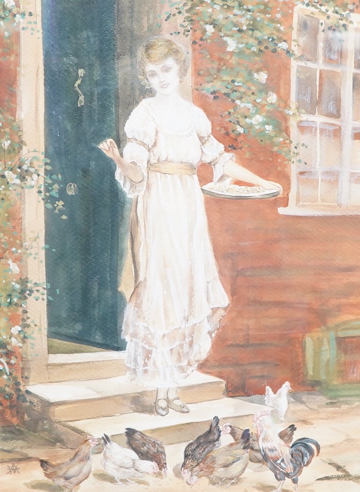 Victorian School, Lady feeding chickens, monogrammed AW? watercolour heightened with white, 39 x 29cm